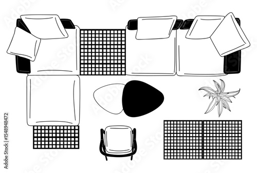 Top view vector illustration of modern outdoor furniture set with sectional sofa, armchair, coffee tables, rugs, and plant. Ideal for patio design, landscaping, or architectural layouts.