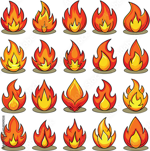 Collection of Cartoon Flames with Varying Shapes and Intensities Set Against a Clean White Background Perfect for Graphic Design and Illustration Projects Requiring Fire Elements