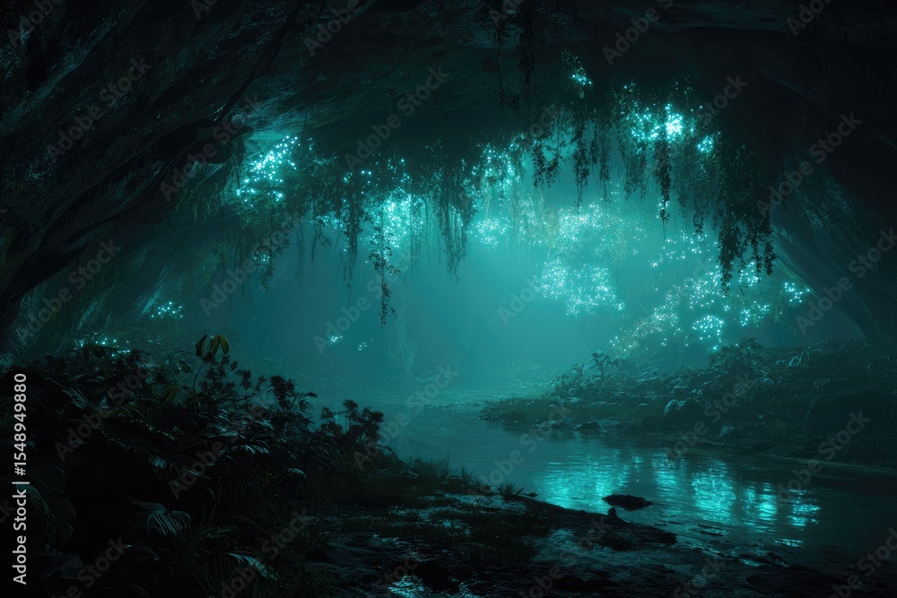Glowing cave, mystical river, tranquil scene Glowing cave, mystical river, tranquil scene