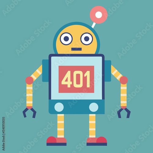 Friendly Robot Character Displaying Error Code 401 A Cute, Flat-Design Illustration