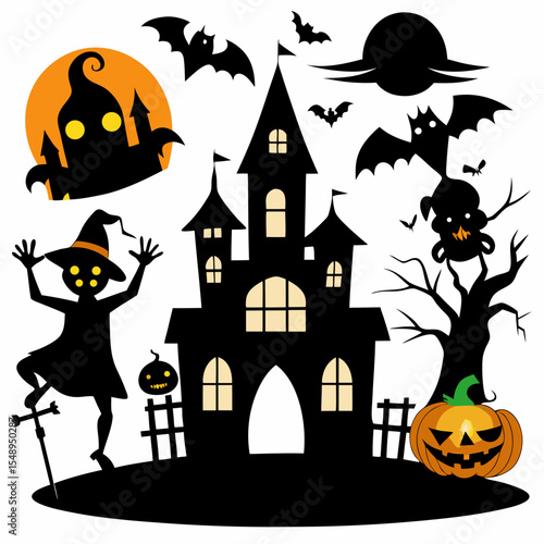 Halloween Night Scene: Spooky silhouettes of a haunted castle, witch, bats, pumpkins, and a spooky tree create a classic Halloween scene perfect for festive designs.
