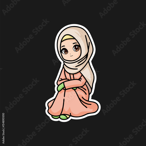 Beautiful Muslim Girl Sitting Peacefully in Modest Hijab Dress Illustration