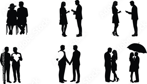 Romantic couple silhouettes, love expressions, dating emotions, heartbreak moments, relationship stages, man and woman interaction, kissing, arguing, h