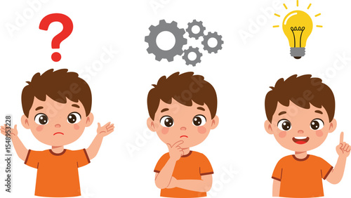Cartoon boy thinking process, question to idea concept, confused expression, creative solution, flat design, kid brainstorming, character illustration for education, learning, 