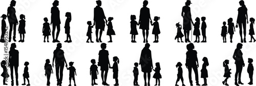 Vector black and white silhouettes of mothers with their children, depicting family, parenting, childhood, care, love, growth, community, bonding, and everyday life scenes on white background.
