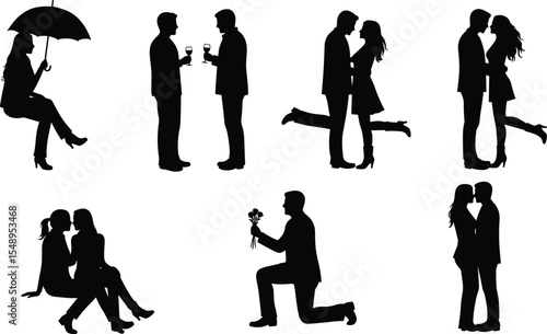 Romantic couple silhouette, love proposal, same-sex romance, kissing pose, date night scene, LGBT relationship moment, passionate embrace, romantic expression, couple vector illustration,