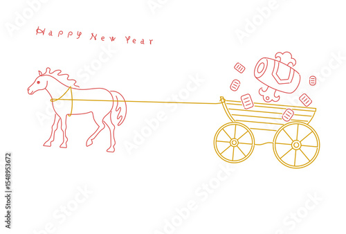 正月素材：馬が小槌と小判を馬車でひくシンプルでおしゃれな年賀状素材（午年）