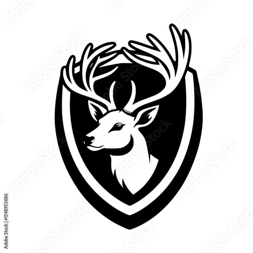 Majestic whitetail deer head in a black shield logo design
