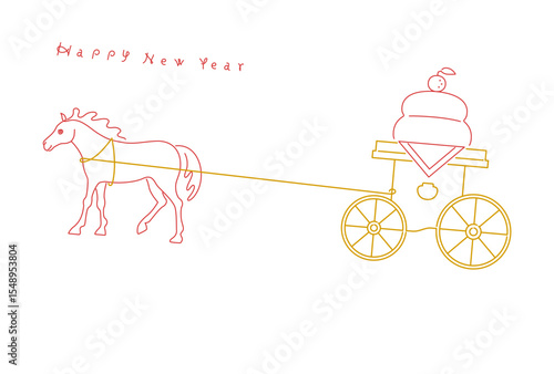正月素材：馬が鏡餅を馬車でひくシンプルでおしゃれな年賀状素材（午年）