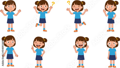 Cartoon girl character with emotions, different expressions, cute female child, vector illustration set, emotional kid poses, educational, animation, children learning content, character design