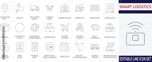 A curated line icon set highlighting modern smart logistics and supply chain operations. Perfect for transport, inventory, shipping, and warehouse management visuals.