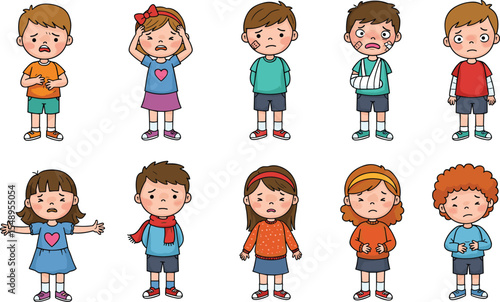 Sick kids vector illustration, sad children in pain, cartoon style emotions, unwell boys and girls with illness, injury, fever, stomachache, crying, medical clipart for health design