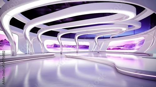 Futuristic exhibition space with silver truss network, white marble floor tiles, soft purple backdrops, and linear LED lighting across the ceiling