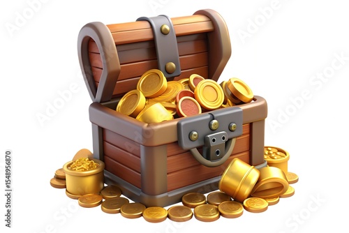 Wooden treasure chest filled with gold coins