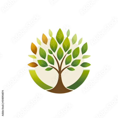 Abstract green tree logo design with autumn leaves in circular frame