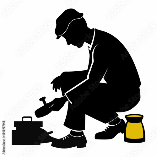 Silhouette vector of a cobbler polishing shoes