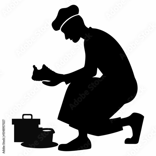 Silhouette vector of a cobbler polishing shoes