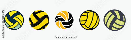 Five Abstract Volleyball Ball Designs Yellow Black Green Vector Icons