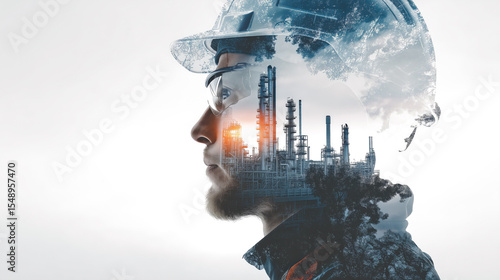 The double exposure of the building and engineering plans. A building under construction is overlaid with a graphic design of engineering plans. Generative AI.