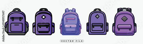 Five Purple Backpack Designs Vector Illustration Set