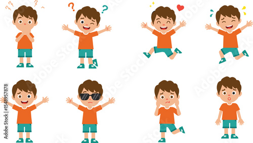 Cartoon boy character showing multiple emotions, facial expressions, happy, confused, sad, surprised, cute illustration, emotional child, vector clipart for kids content, learning material