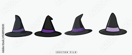 Set of Three Cartoon Witch Hats with Purple Band