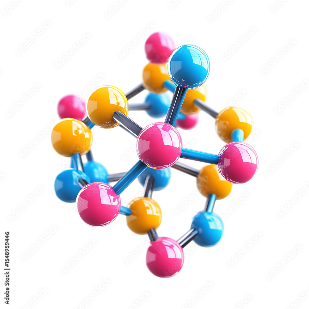 Obraz premium Colorful Molecular Structure 3D Render of Connected Atoms against transparent background