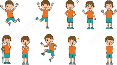 Cartoon boy expressions set, child emotion icons, kids facial reactions, emotional behavior illustration, schoolboy gestures, learning aid graphic, fun character design for educational content