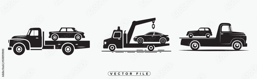 Tow Truck Icons Set with Different Car Models Tow Truck Icons Set with Different Car Models