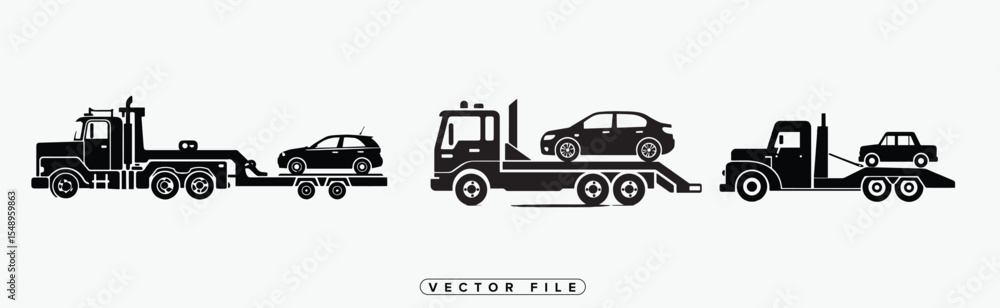 Tow Truck Icons Set with Car on Flatbed Tow Truck Icons Set with Car on Flatbed