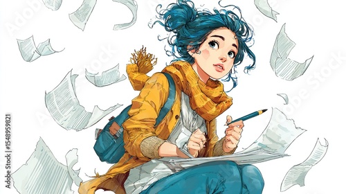 Young woman,  with teal hair and orange scarf, sits amidst papers,  drawing
