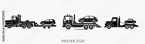 Tow Truck Icons Set with Car on Flatbed