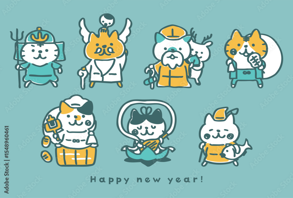 七福神の格好をした猫の年賀状テンプレート_七福猫②青 七福神の格好をした猫の年賀状テンプレート_七福猫②青