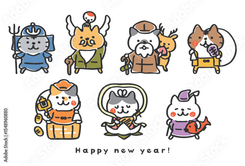 七福神の格好をした猫の年賀状テンプレート＿七福猫③カラフル