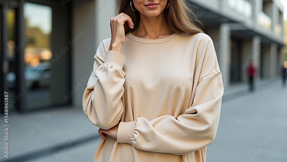 Fototapeta premium Cream-Colored Crewneck Sweatshirt Effortless Style for Women