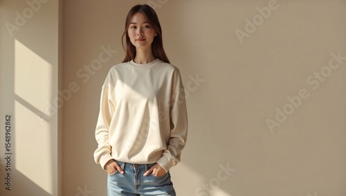 Cream-Colored Crew Neck Sweatshirt and Jeans Effortless Style