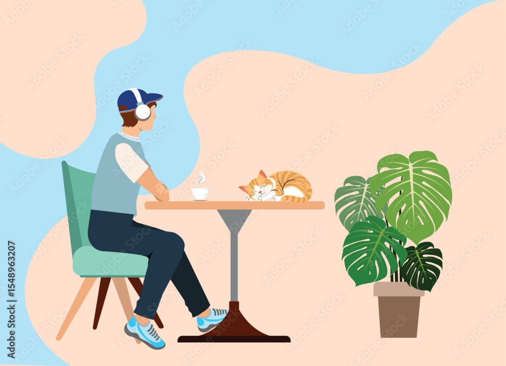 Fototapeta premium Flat design vector illustration of a young man relaxing at a coffee table with a steaming cup of coffee, accompanied by a sleeping orange cat and a large potted plant. The soft pastel background 
