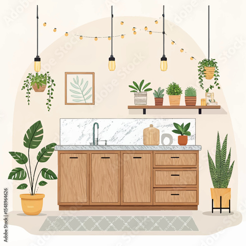 Cozy Kitchen Vector Illustration – Wooden Cabinets, Marble Countertop, Potted Plants