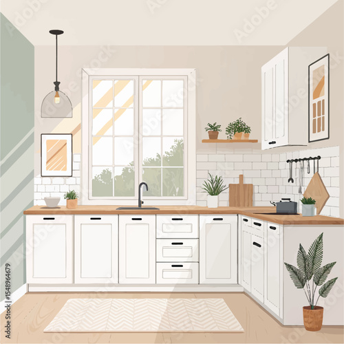 Minimalist Kitchen Vector Illustration – Bright Window, White Cabinets, Wooden Accents