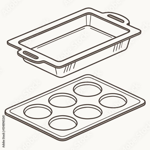 Brown Line Drawing of Rectangular Baking Sheet and Six Cup Muffin Tin Baking Pan