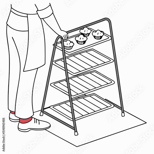 Person in White Pants and Red Socks Using a Three Tiered Cooling Rack for Baked Cupcakes baking rack