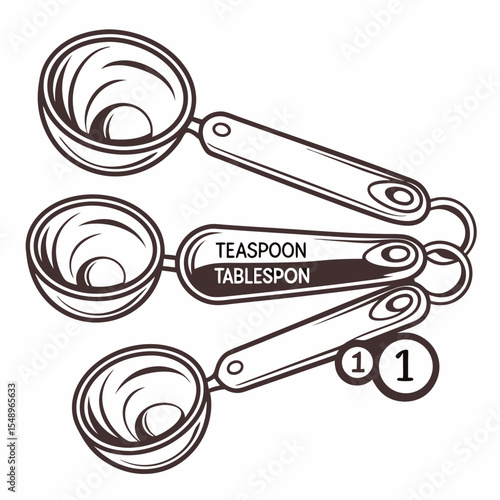 Three Brown Outline Measuring Spoons Teaspoon Tablespoon Set on White Background Kitchen Utensils