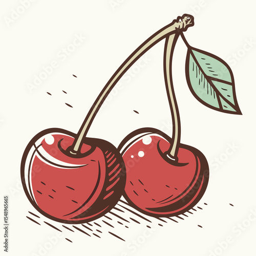 Two Red Glazed Cherries with Green Leaf and Stem Illustration Vintage Style Icon cherry red cherries