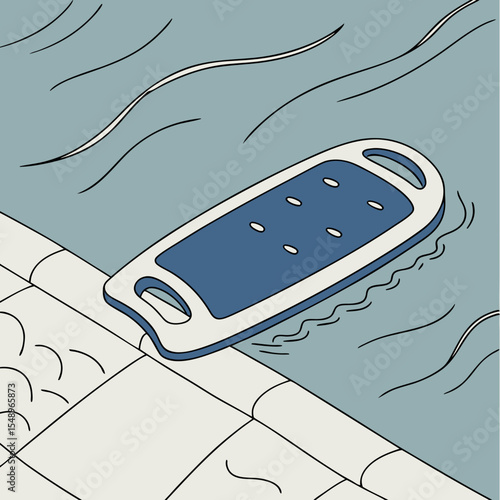Blue and White Swimming Kickboard Floating in a Calm Teal Pool by the Side water