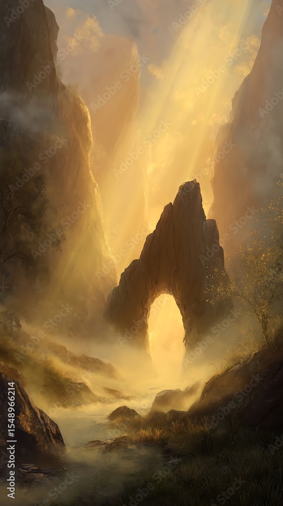 Fototapeta premium A golden archway emerges from a misty mountain valley.