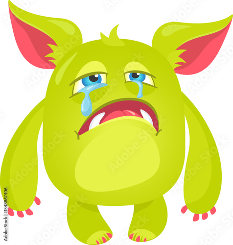 Whimsical illustration presents a light green cartoon monster, its large, expressive eyes welling up with blue tears as they stream down its face, conveying a sense of sadness and dejection