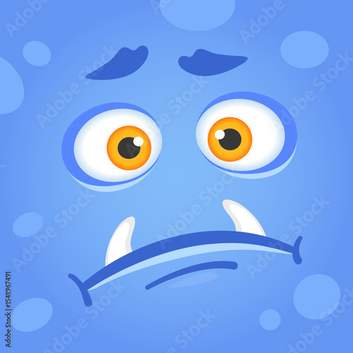 Sad blue cartoon monster with two prominent tusks and large orange eyes, displaying deep sorrow through its expressive face, evokes feelings of melancholy and disappointment