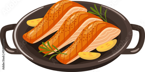 Three delicious grilled salmon fillets seasoned with garlic cloves and rosemary sprigs, served in a black pan, representing a healthy and flavorful meal