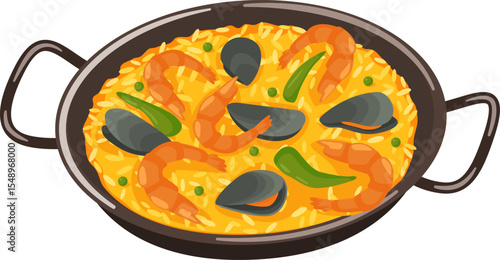 Simmering in a traditional paella pan, the vibrant dish features fresh seafood, including shrimp and mussels, combined with rice and colorful vegetables, embodying Spanish culinary culture
