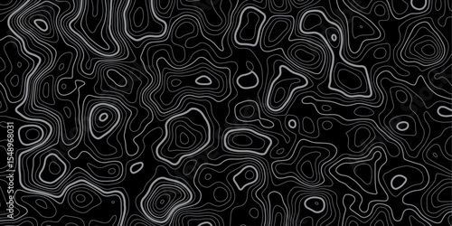 3D Black Terrain Background with Abstract Contour Line Mapping and Depth Visualization.